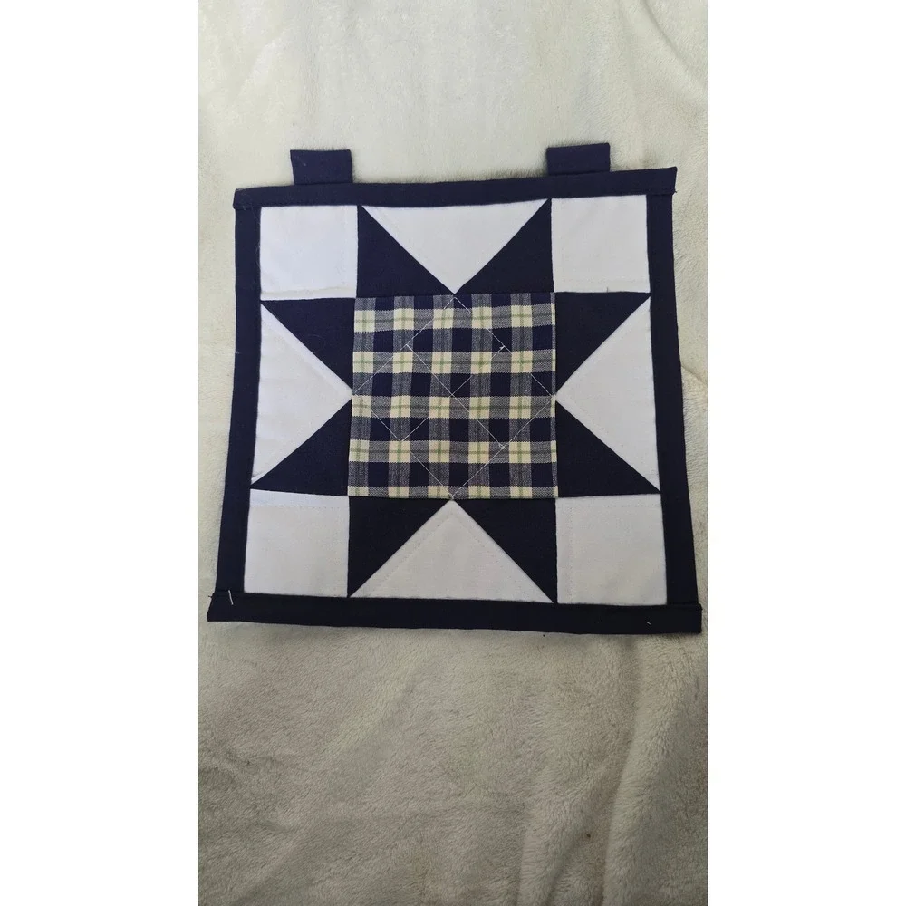 Longaberger Blue Ribbon Collection Quilted Star Sample Square Navy White Plaid